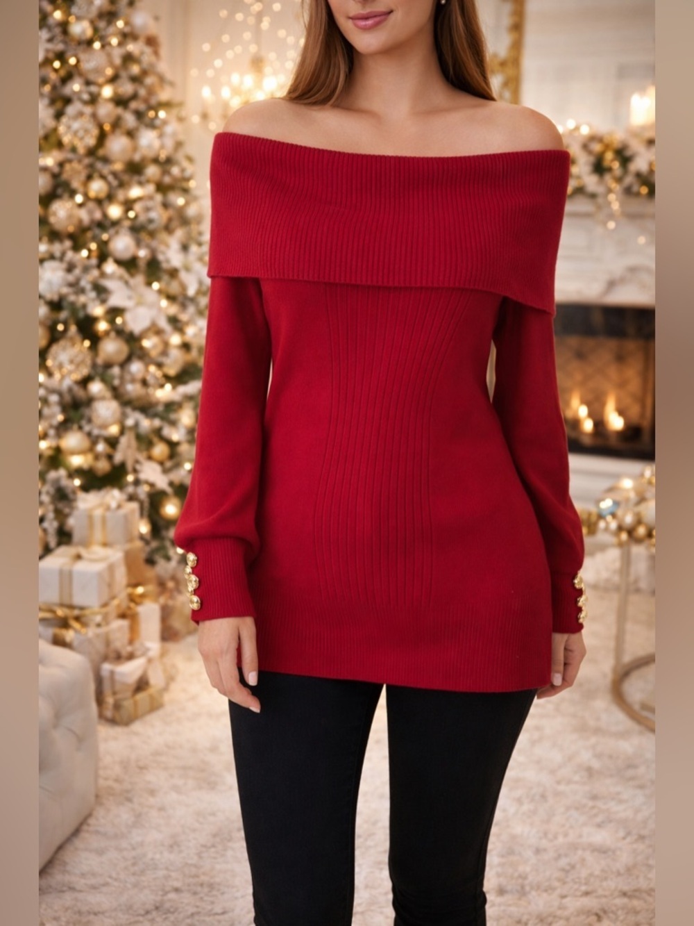 BCX Red Off Shoulder Sweater Gold Button Cuffs Size M